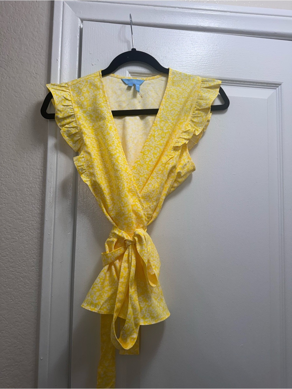Draper James Sheryl Yellow Floral Ruffled Wrap Blouse.